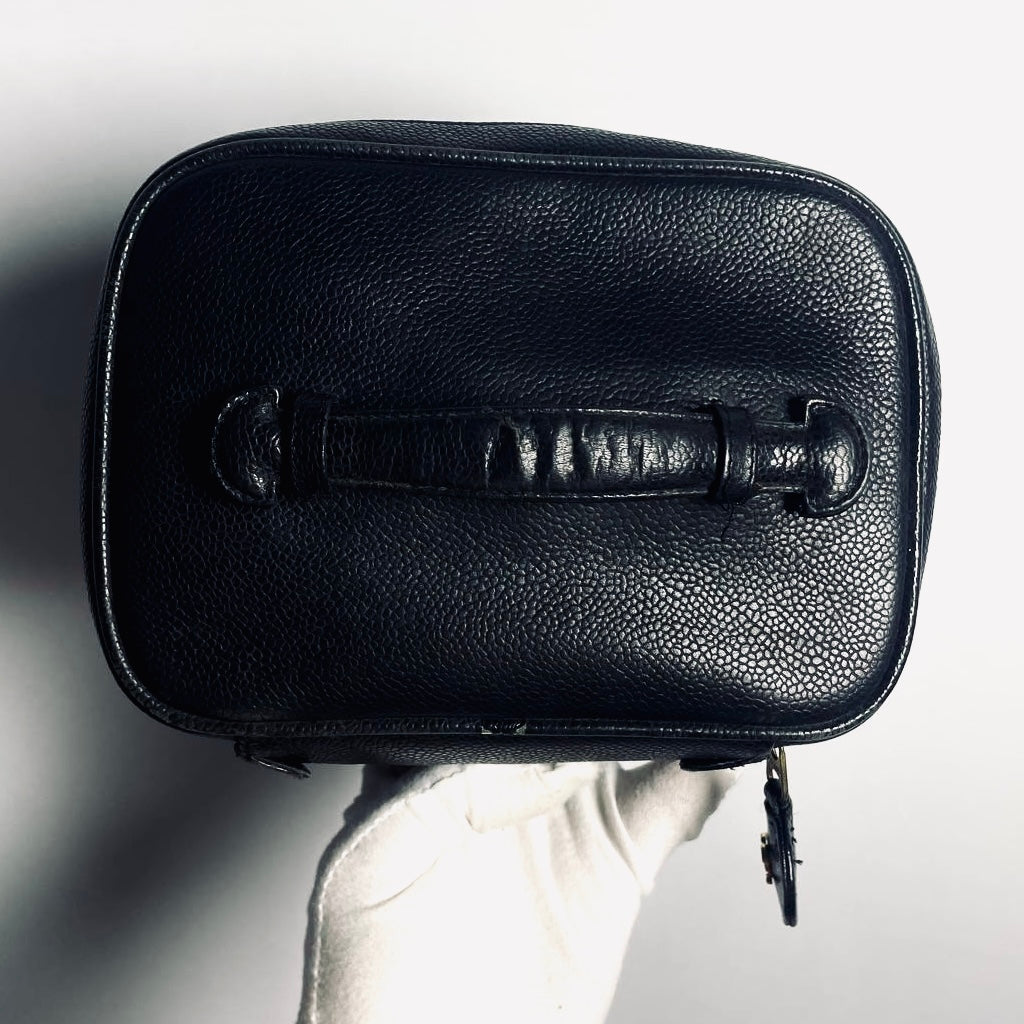 Chanel Black GHW Giant CC Logo Caviar Wide Horizontal Vanity Case Vintage Top Handle Bag