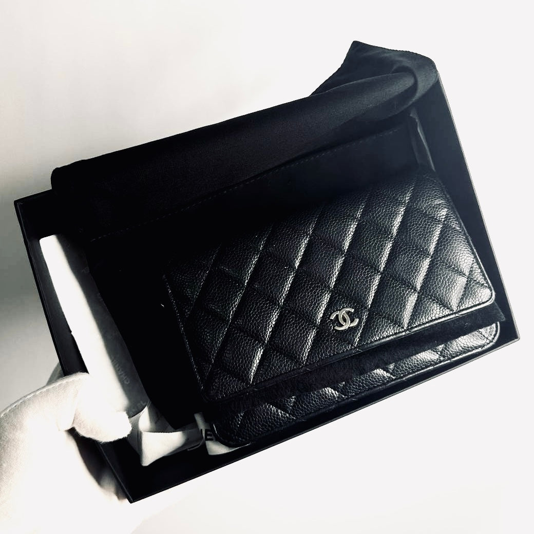 Chanel Black CC Logo Classic WOC Quilted Caviar Leather Wallet On Chain Shoulder Sling Flap Bag 28s