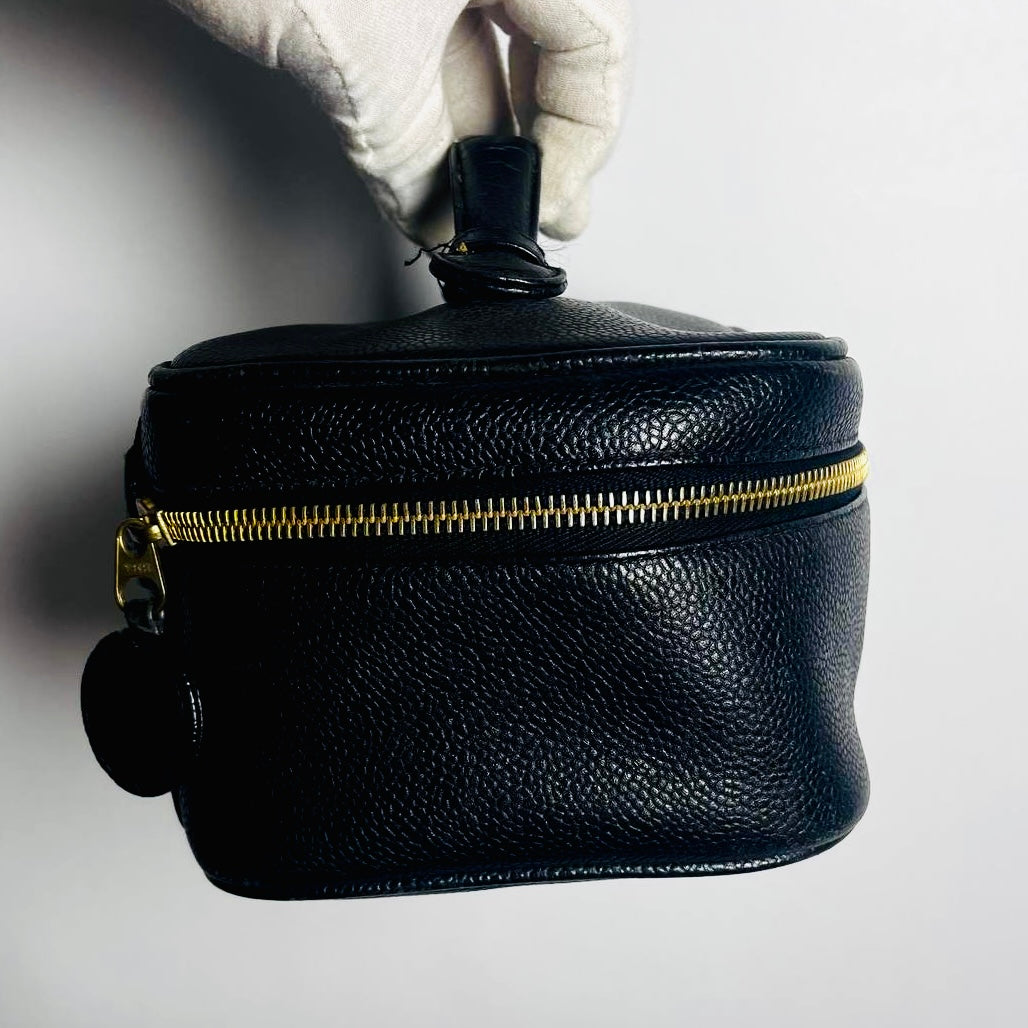 Chanel Black GHW Giant CC Logo Caviar Wide Horizontal Vanity Case Vintage Top Handle Bag