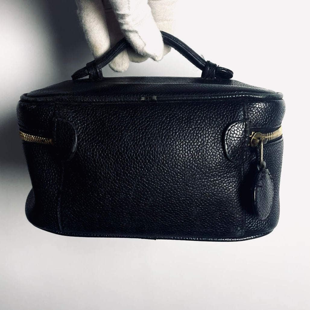 Chanel Black GHW Giant CC Logo Caviar Wide Horizontal Vanity Case Vintage Top Handle Bag
