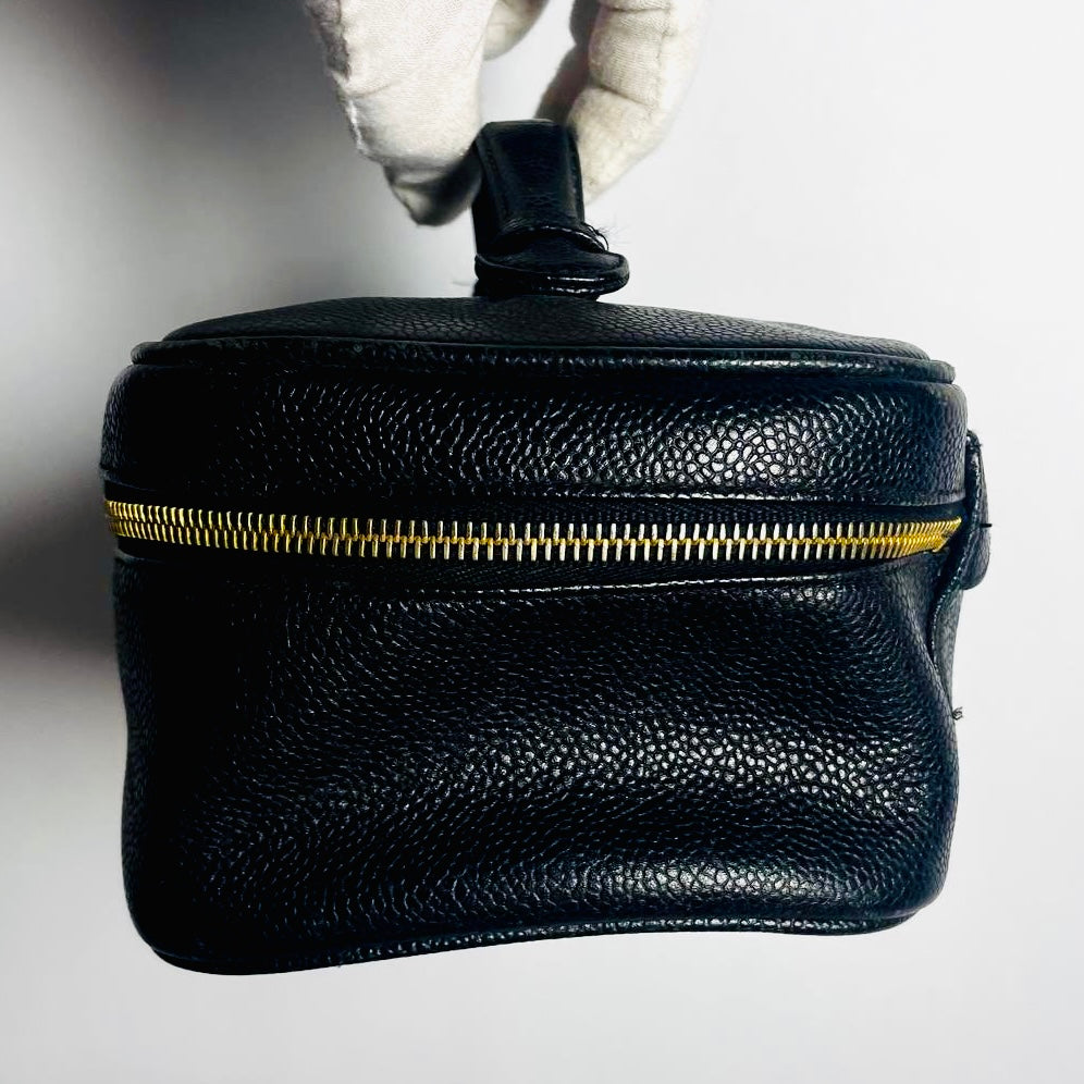 Chanel Black GHW Giant CC Logo Caviar Wide Horizontal Vanity Case Vintage Top Handle Bag