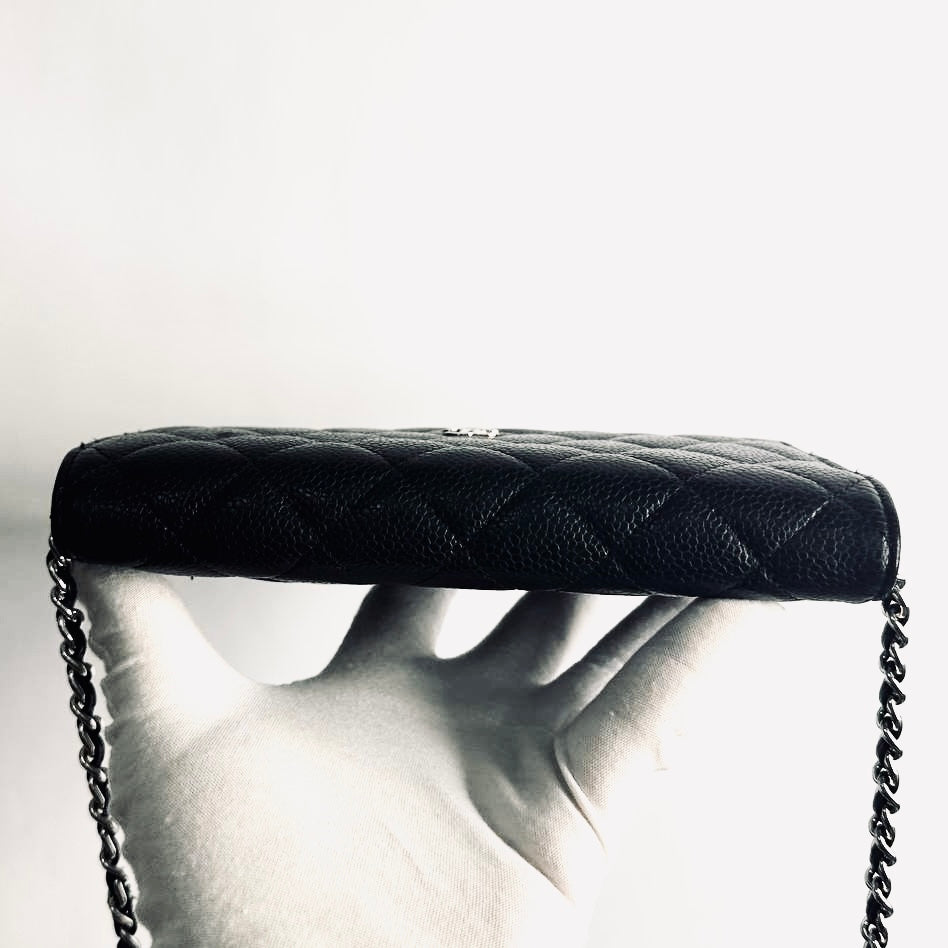 Chanel Black CC Logo Classic WOC Quilted Caviar Leather Wallet On Chain Shoulder Sling Flap Bag 28s