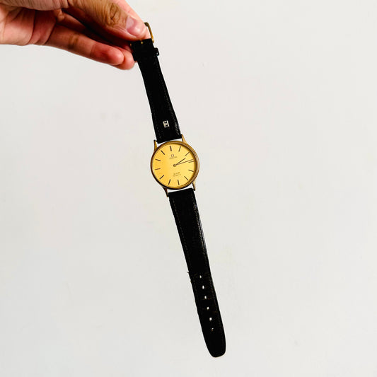 Omega De Ville Gold Round Dial Black Leather Strap Vintage 32MM Quartz Watch