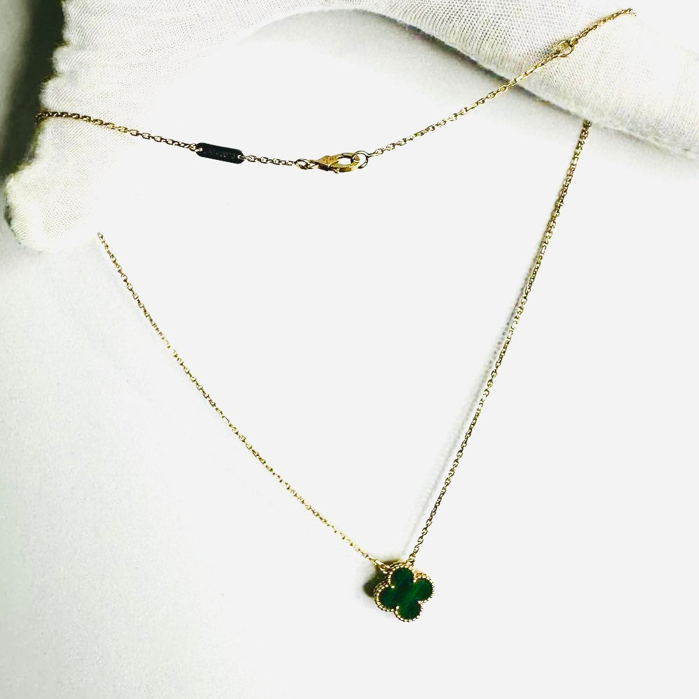 Van Cleef & Arpels VCA Vintage Alhambra Motif MOP Malachite Green 18K Yellow Gold YG Monogram Logo Chain Necklace