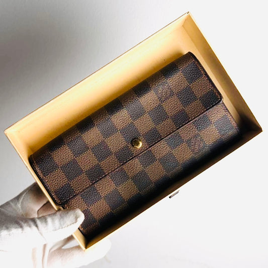 Louis Vuitton LV Damier Ebene DE Sarah Monogram Logo GHW Vintage Flap Long Wallet