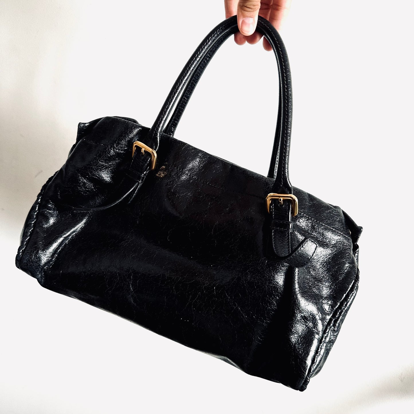 Prada Black GHW Vitello Shine Leather Classic Logo 2-Way Shopper Shoulder Sling Tote Bag