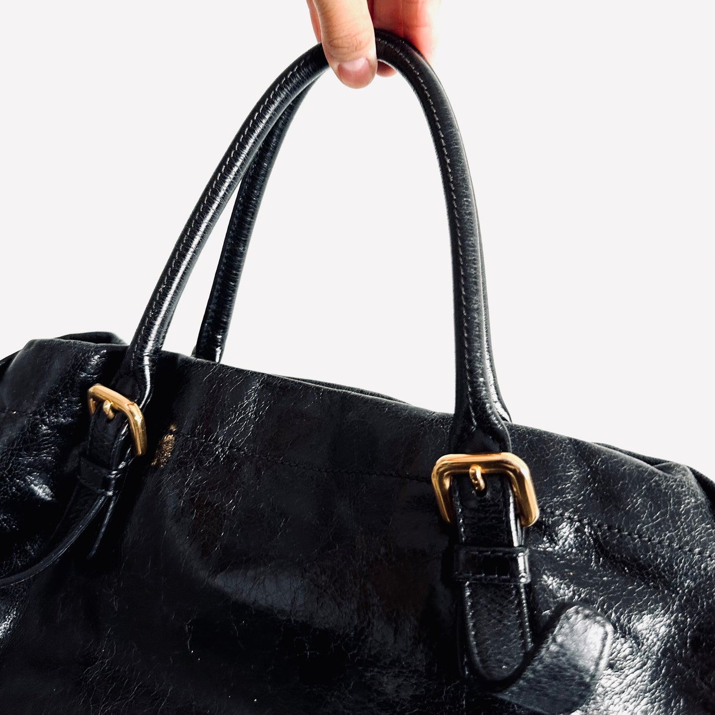 Prada Black GHW Vitello Shine Leather Classic Logo 2-Way Shopper Shoulder Sling Tote Bag