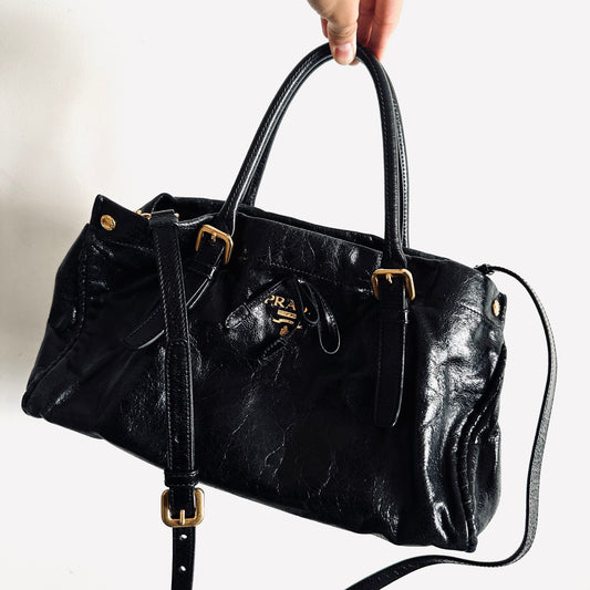 Prada Black GHW Vitello Shine Leather Classic Logo 2-Way Shopper Shoulder Sling Tote Bag
