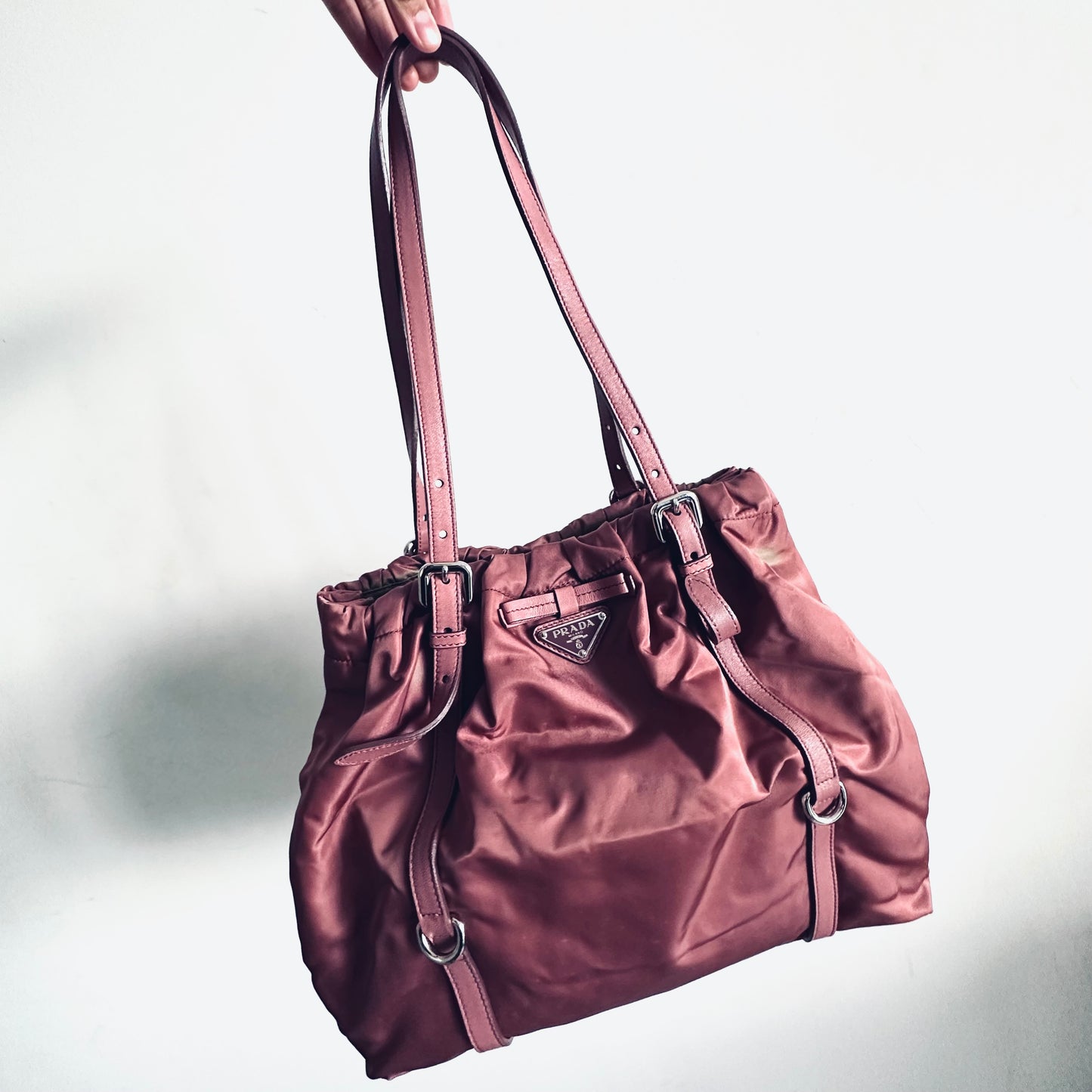 Prada Mauve Pink GHW Tessuto Bow Classic Logo Nylon Shopper Shoulder Tote Bag