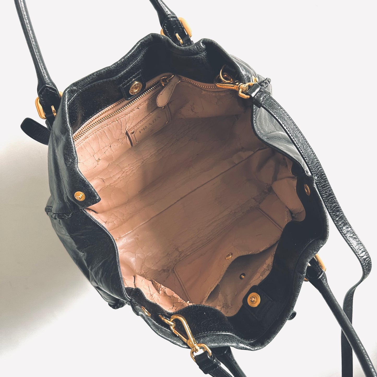 Prada Black GHW Vitello Shine Leather Classic Logo 2-Way Shopper Shoulder Sling Tote Bag
