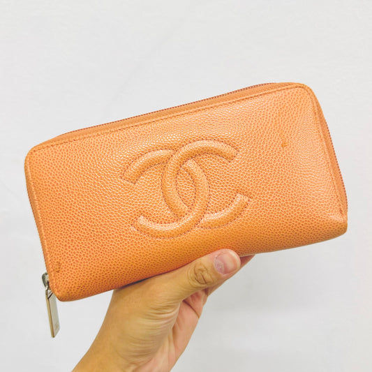 Chanel Dark Taupe Caviar Leather Giant CC Logo Zip Around Zippy Long Wallet 17s
