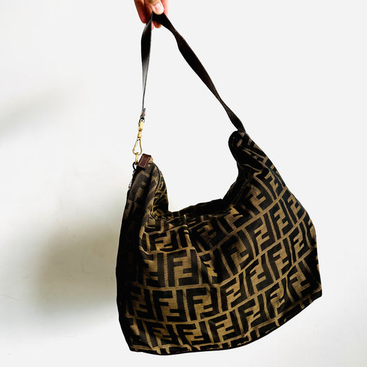 Fendi Brown FF Zucca GHW Monogram Logo Baguette Hobo Shoulder Bag