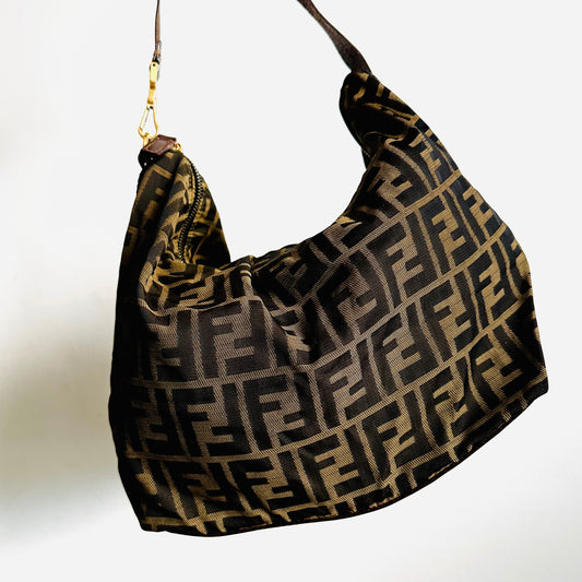 Fendi Brown FF Zucca GHW Monogram Logo Baguette Hobo Shoulder Bag