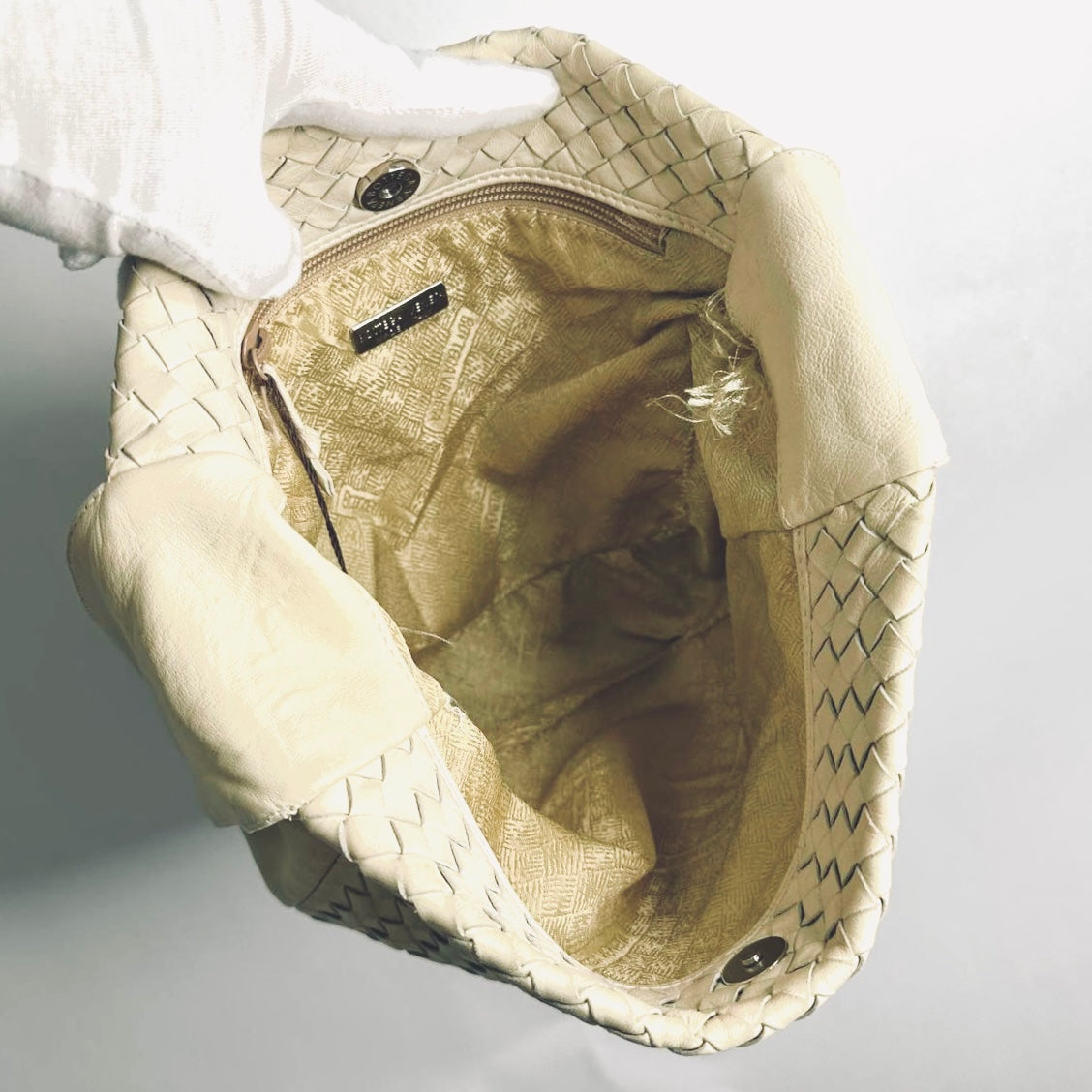 Bottega Veneta BV Beige Intrecciato White Nappa Woven Leather Hobo Baguette Shoulder Bag