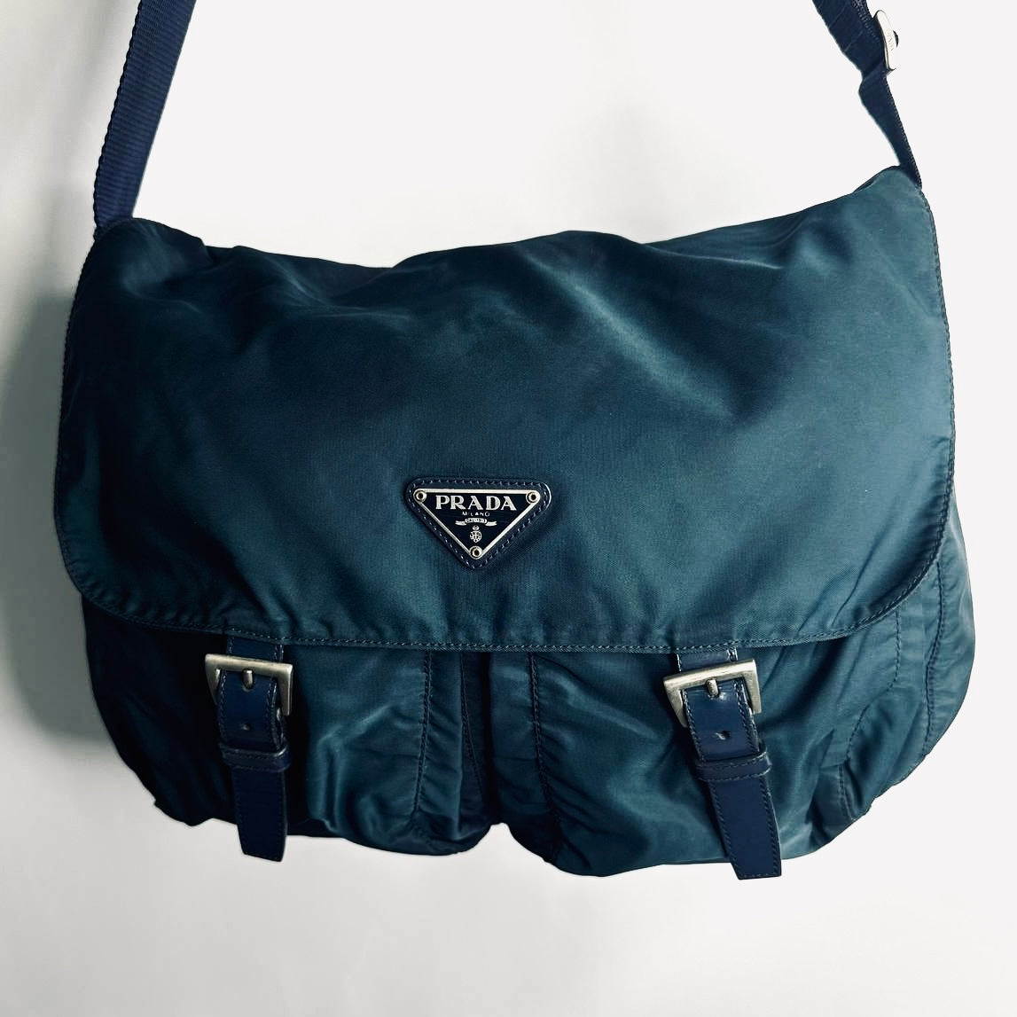 Prada Teal Blue Tessuto Monogram Logo Flap Shoulder Sling Bag