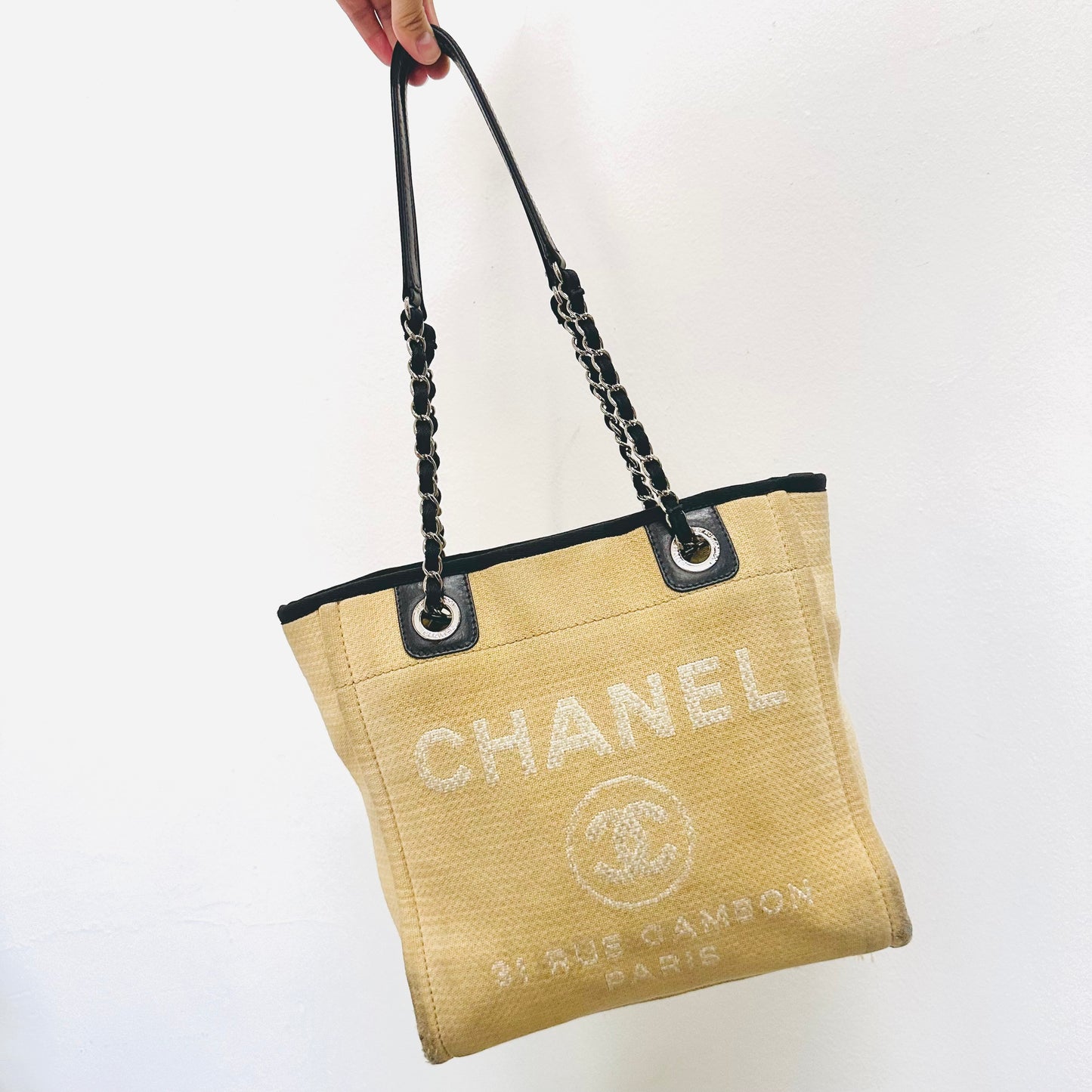 Chanel Beige / Black Deauville PM Small Giant CC Monogram Logo Shoulder Shopper Tote Bag 15s