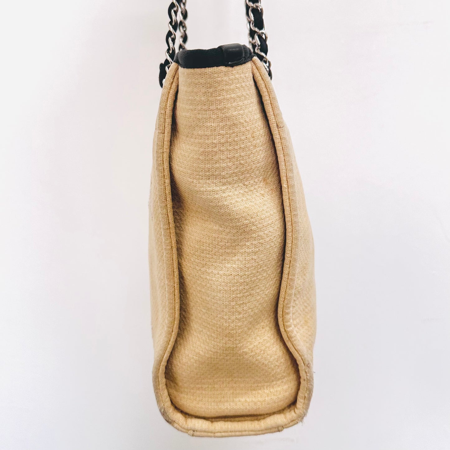 Chanel Beige / Black Deauville PM Small Giant CC Monogram Logo Shoulder Shopper Tote Bag 15s