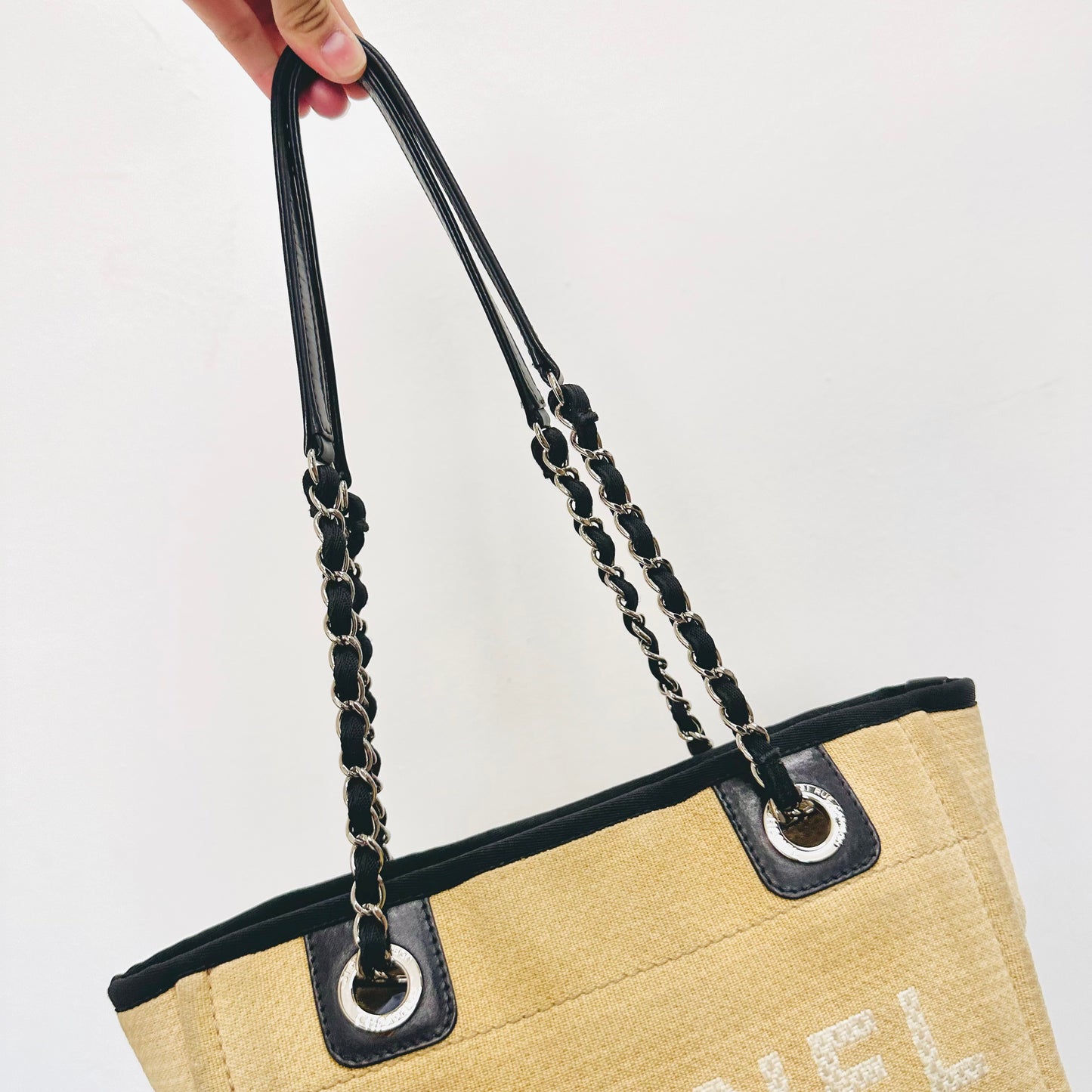 Chanel Beige / Black Deauville PM Small Giant CC Monogram Logo Shoulder Shopper Tote Bag 15s