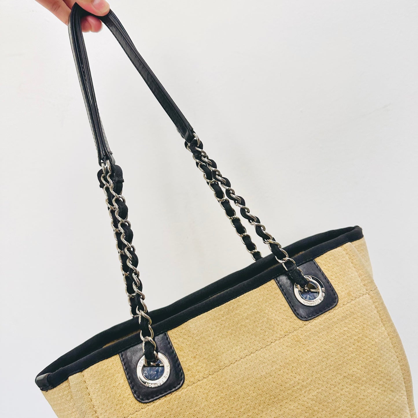 Chanel Beige / Black Deauville PM Small Giant CC Monogram Logo Shoulder Shopper Tote Bag 15s