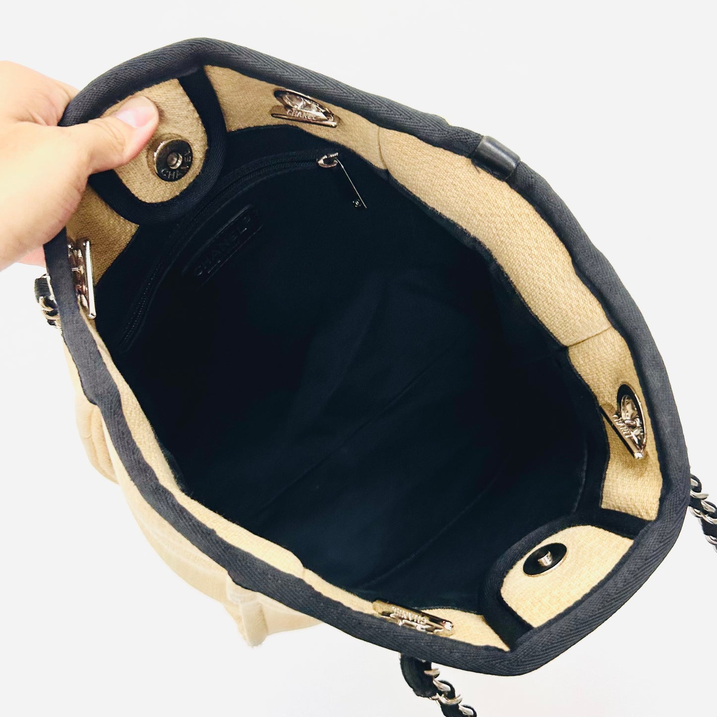 Chanel Beige / Black Deauville PM Small Giant CC Monogram Logo Shoulder Shopper Tote Bag 15s