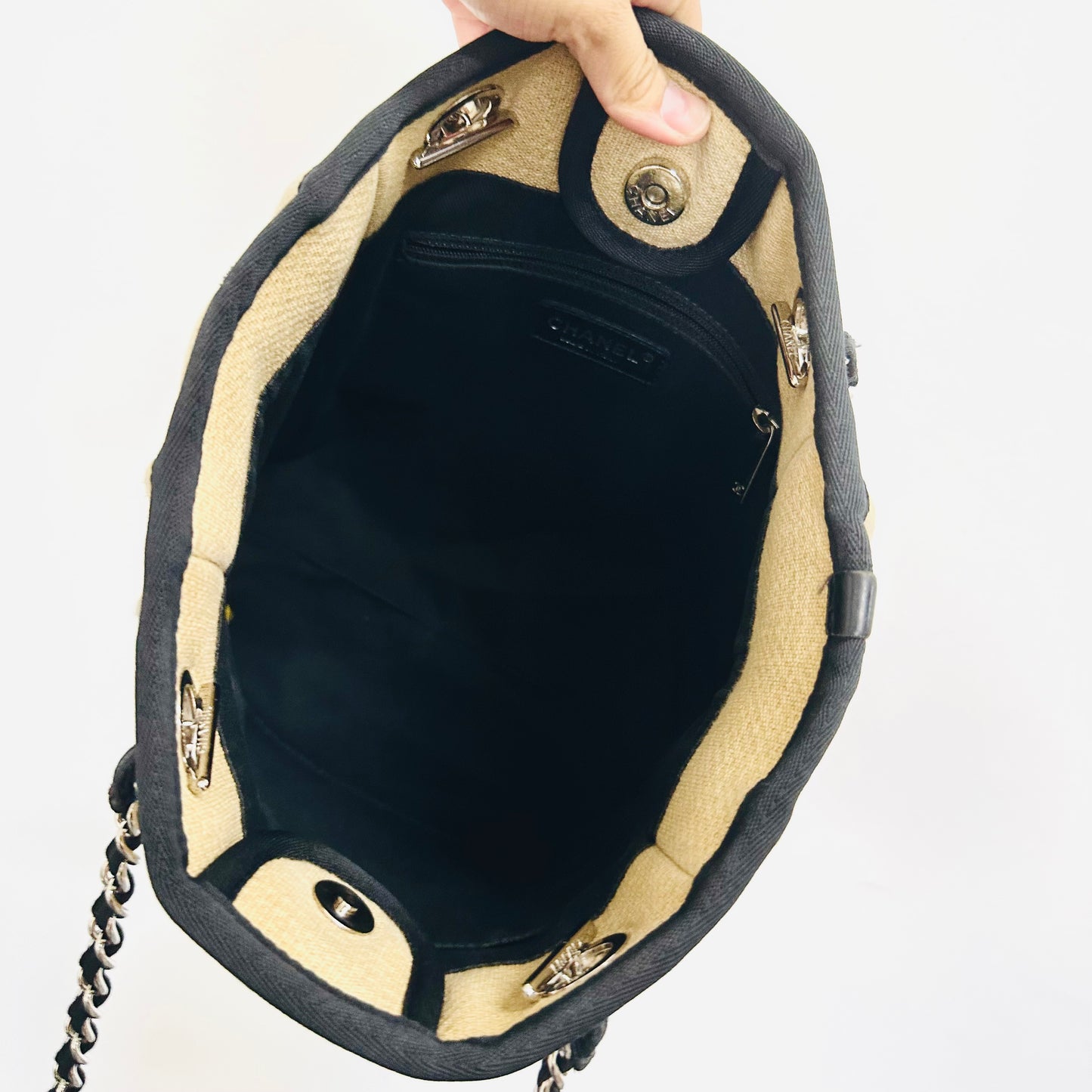 Chanel Beige / Black Deauville PM Small Giant CC Monogram Logo Shoulder Shopper Tote Bag 15s