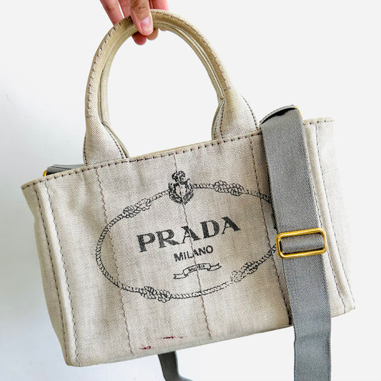 Prada Light Denim GHW Canapa Classic Logo Structured Shopper Shoulder Sling Tote Bag