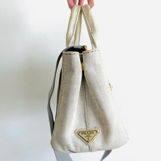 Prada Light Denim GHW Canapa Classic Logo Structured Shopper Shoulder Sling Tote Bag
