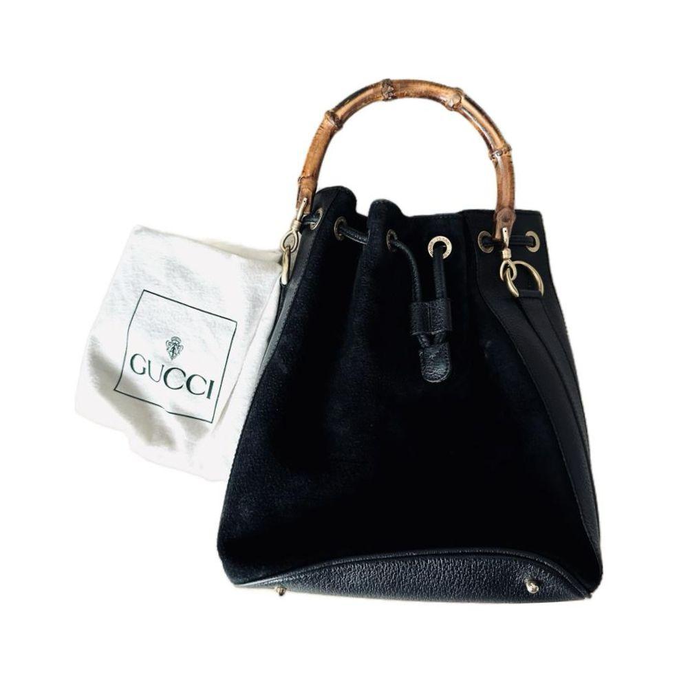 Gucci Black Bamboo Suede Top Handle Bucket Bag
