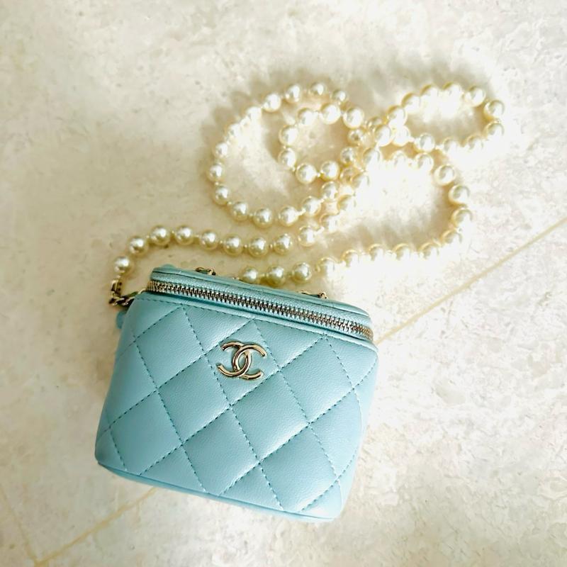 Chanel Blue Lambskin Pearl Chain Vanity Bag