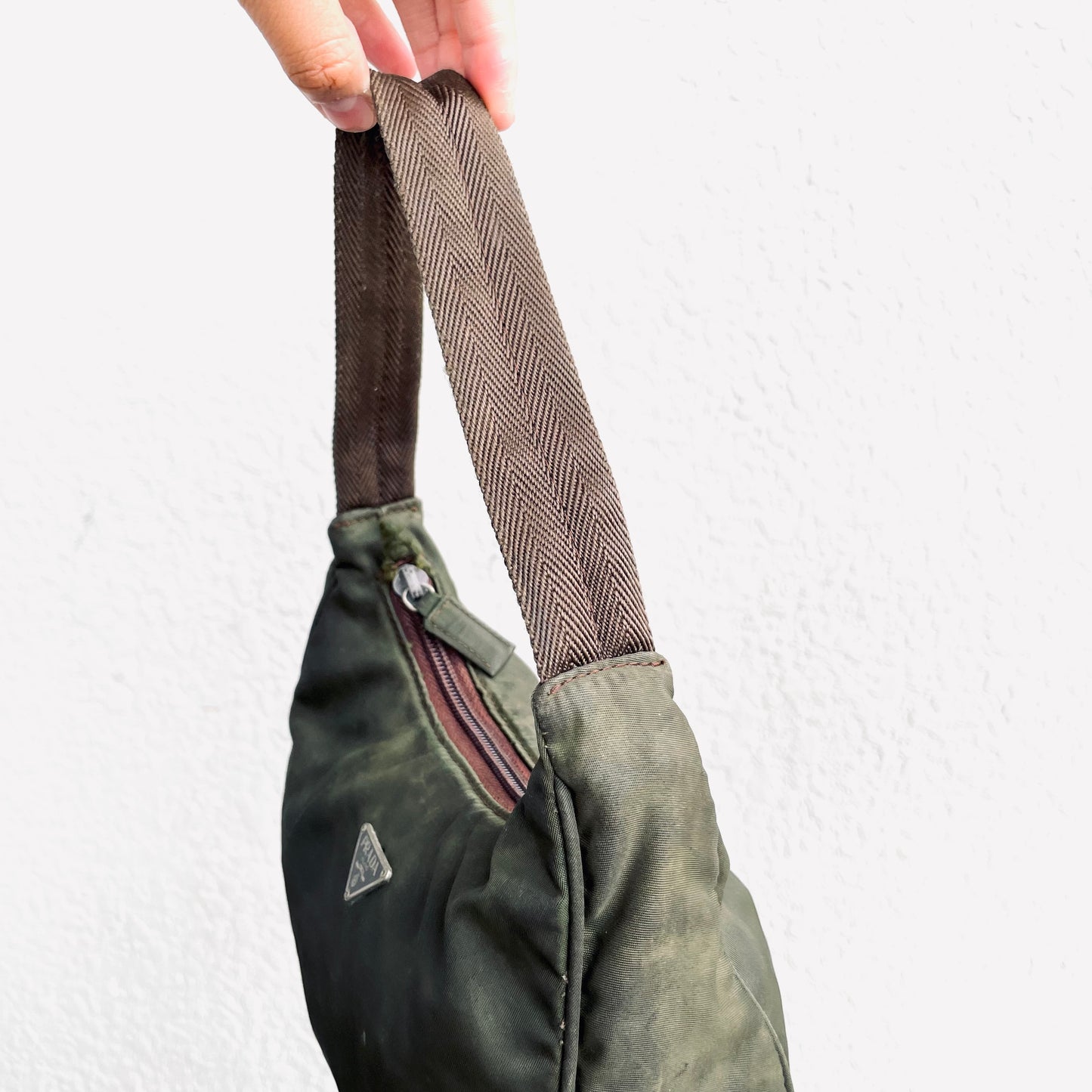 Prada Dark Khaki Tessuto Classic Logo Nylon Hobo Pochette Shoulder Bag