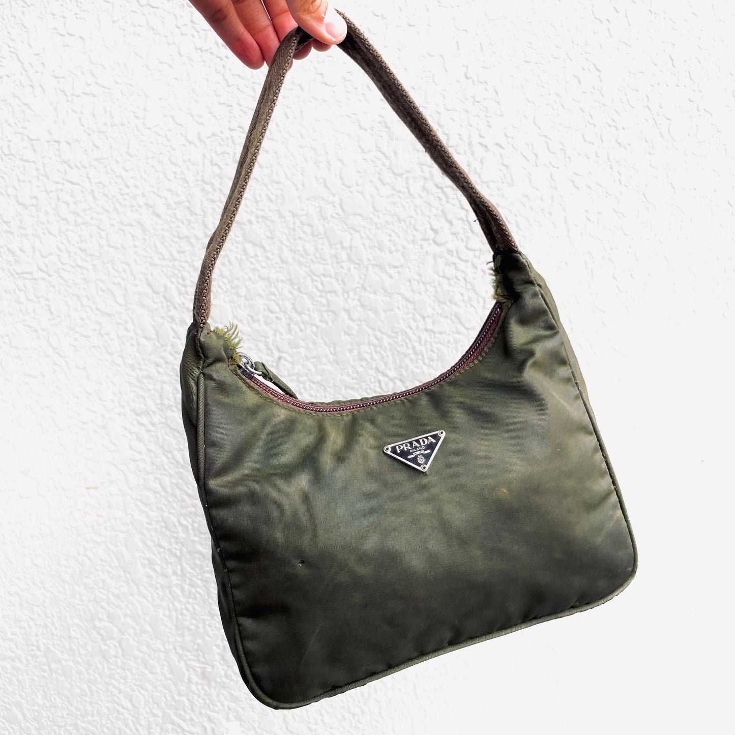 Prada Dark Khaki Tessuto Classic Logo Nylon Hobo Pochette Shoulder Bag