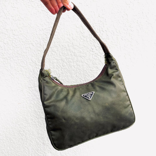 Prada Dark Khaki Tessuto Classic Logo Nylon Hobo Pochette Shoulder Bag
