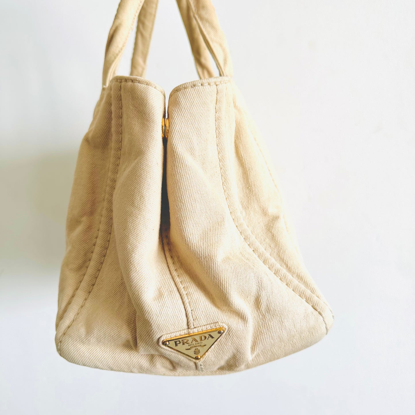 Prada Beige Cream Canapa Small Classic Logo Structured Shopper Tote Bag