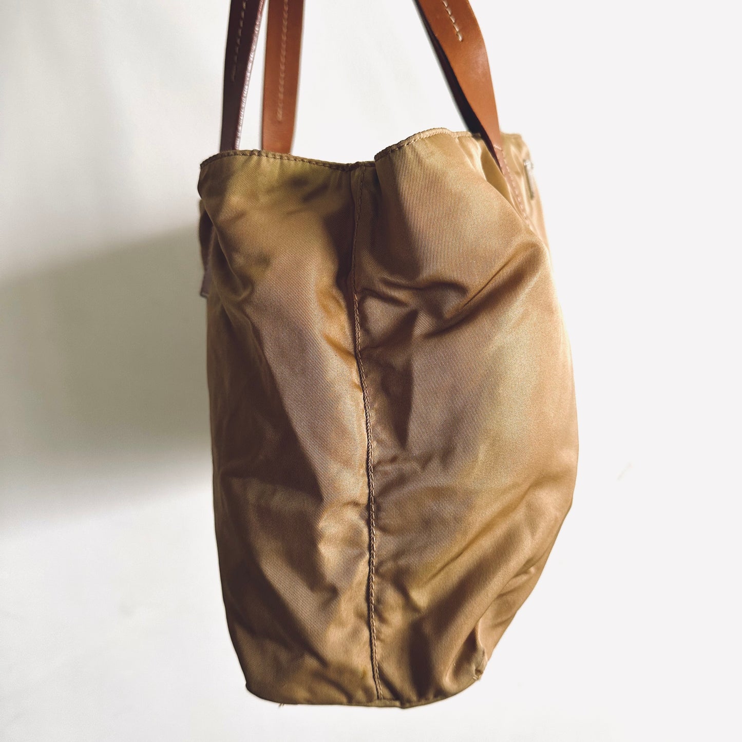 Prada Beige Khaki Logo Nylon & Leather Classic Shopper Shoulder Tote Bag