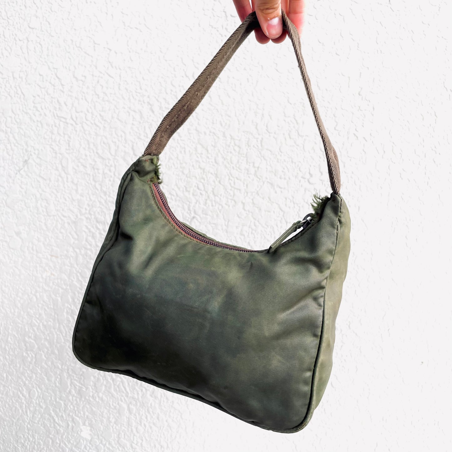 Prada Dark Khaki Tessuto Classic Logo Nylon Hobo Pochette Shoulder Bag