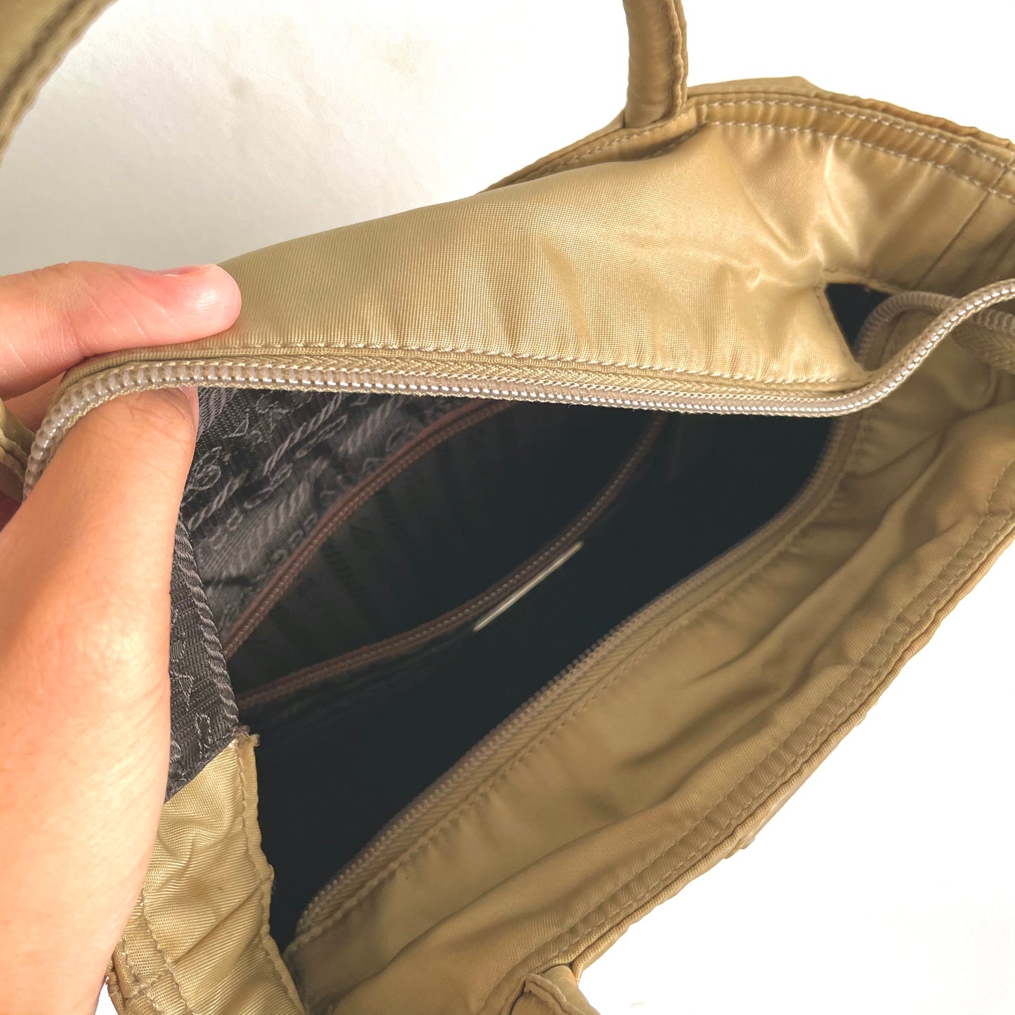 Prada Beige Tessuto Classic Logo Zip Nylon Mini Shopper Tote Bag