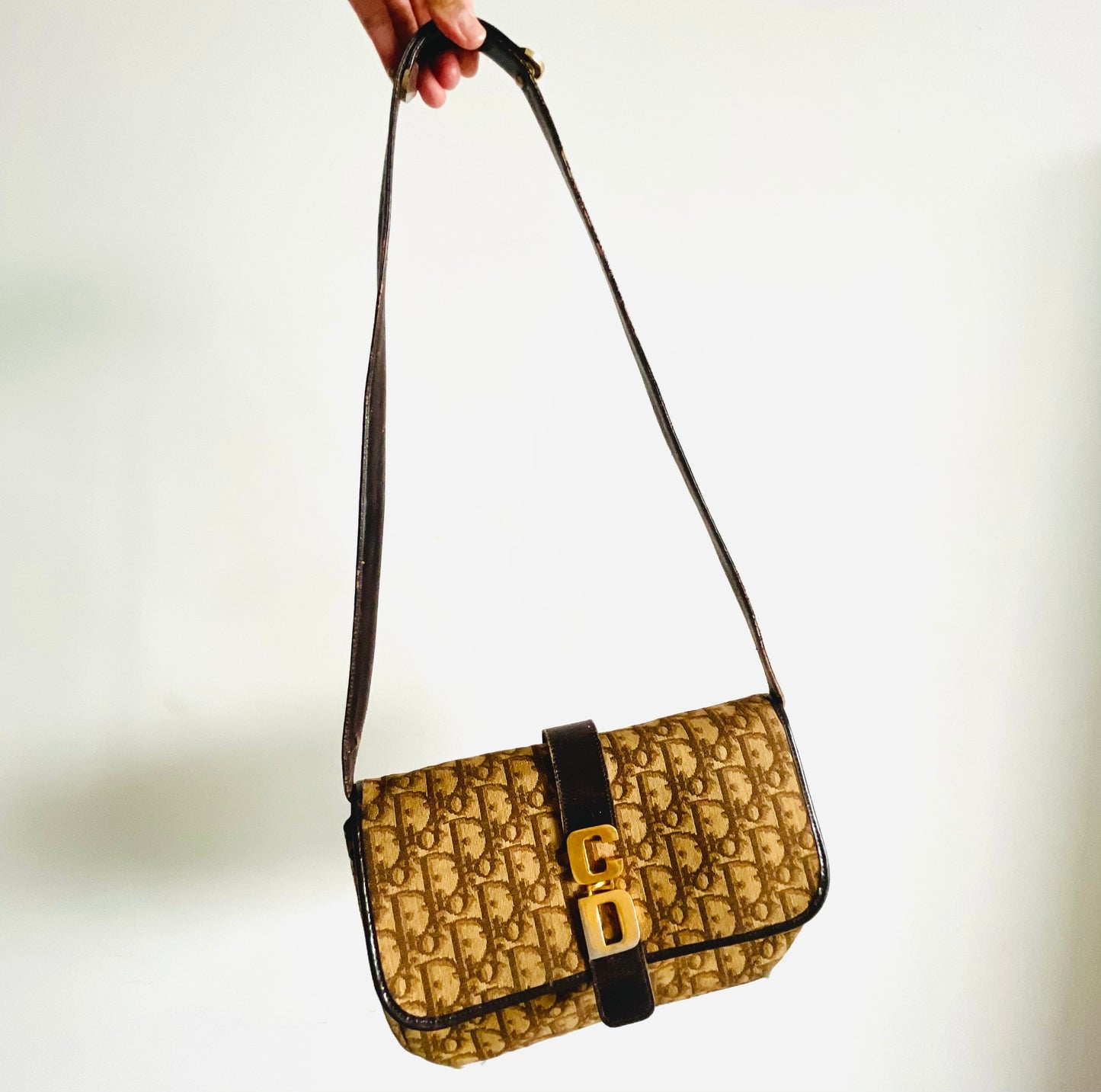 Christian Dior CD Brown Oblique Monogram Logo Small Vintage Shoulder Sling Bag