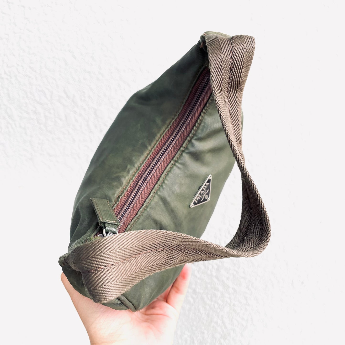 Prada Dark Khaki Tessuto Classic Logo Nylon Hobo Pochette Shoulder Bag