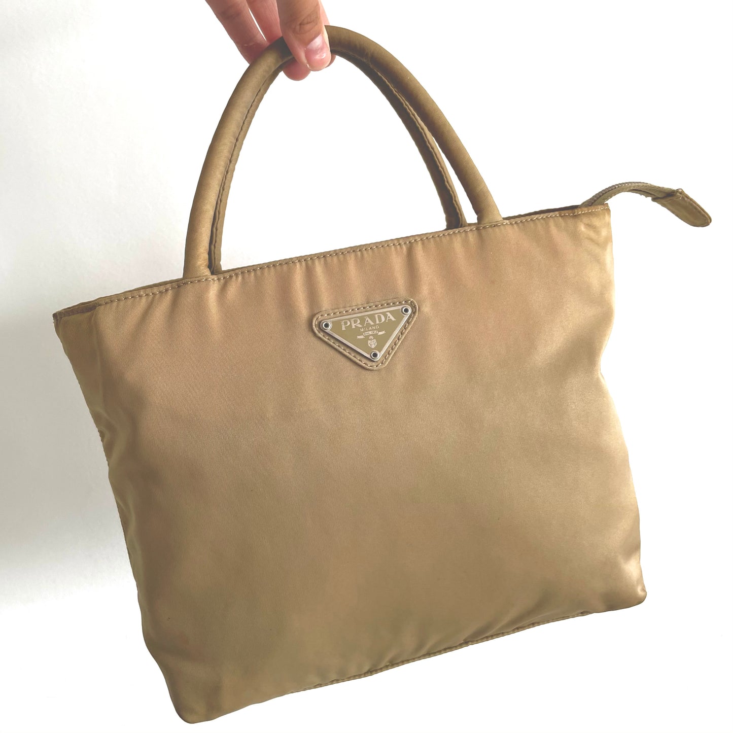 Prada Beige Tessuto Classic Logo Zip Nylon Mini Shopper Tote Bag