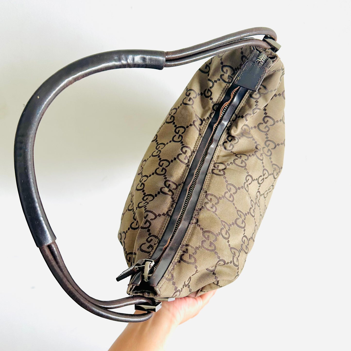 Gucci Beige / Brown Giant GG Monogram Logo Hobo Baguette Shoulder Bag