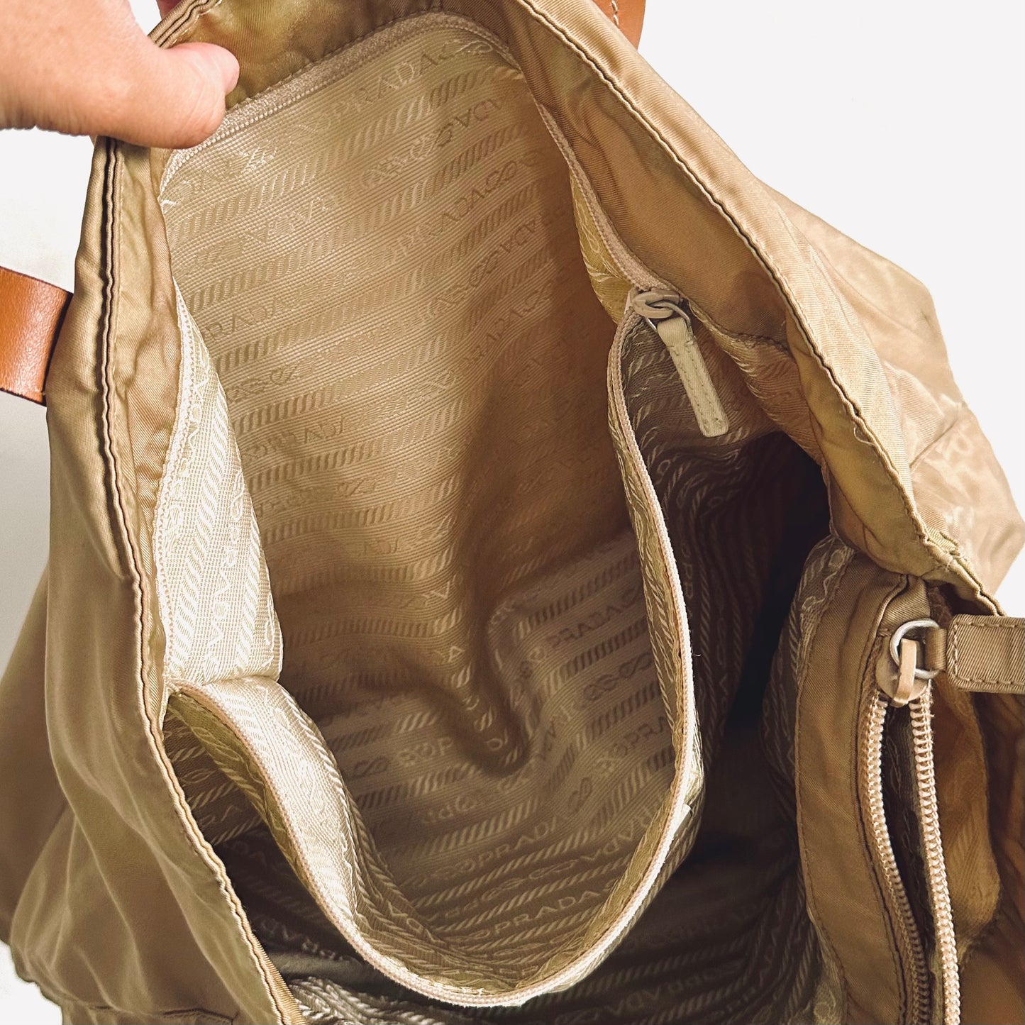 Prada Beige Khaki Logo Nylon & Leather Classic Shopper Shoulder Tote Bag