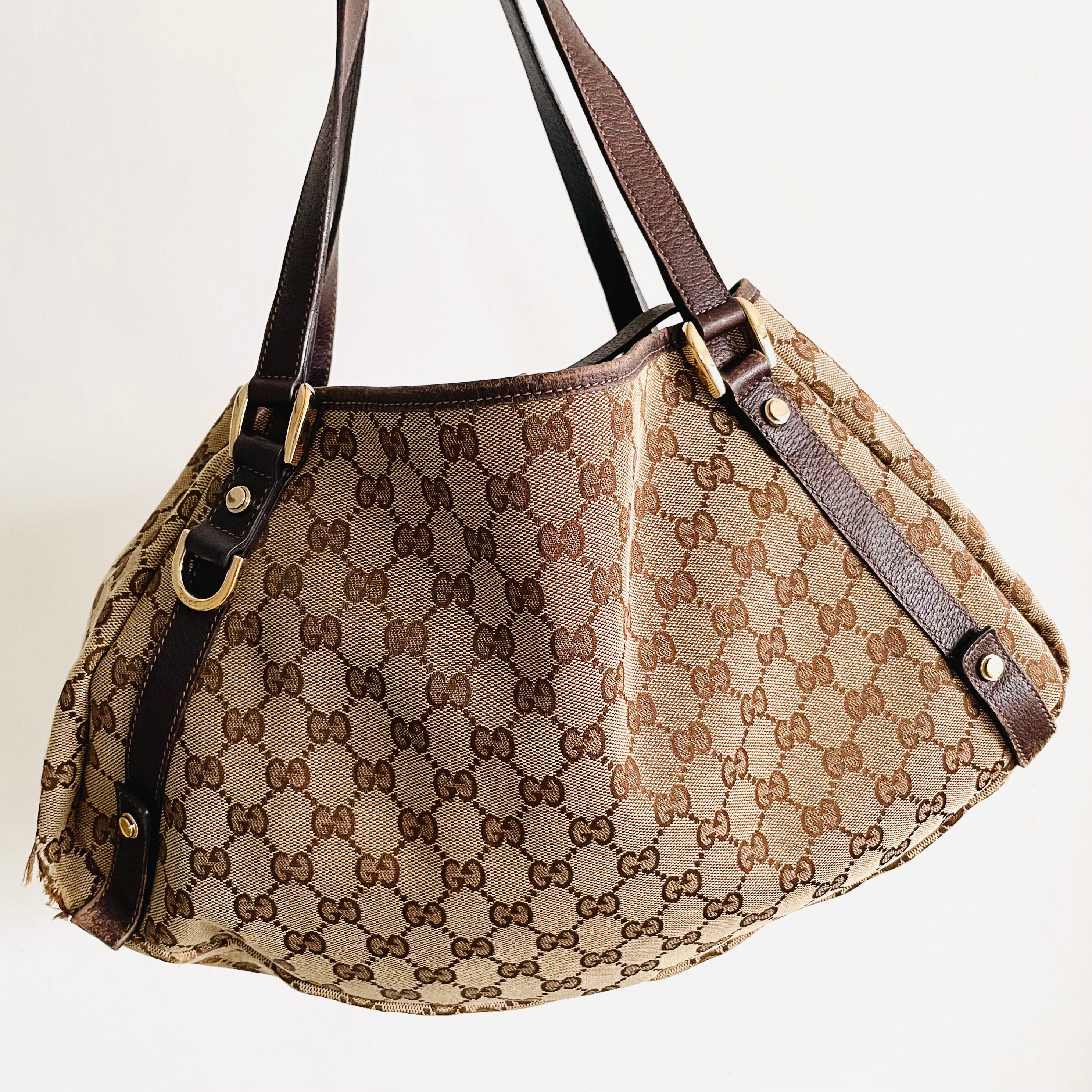 Gucci Abbey GG Monogram Logo Beige Brown Hobo Tote Bag