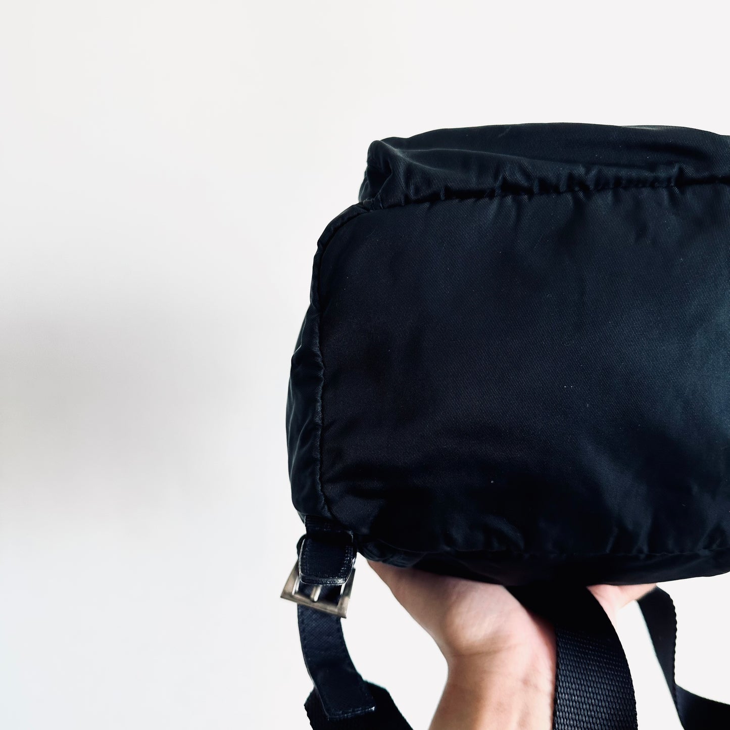Prada Navy Blue Tessuto Small Classic Logo Nylon & Leather Backpack Drawstring Bag