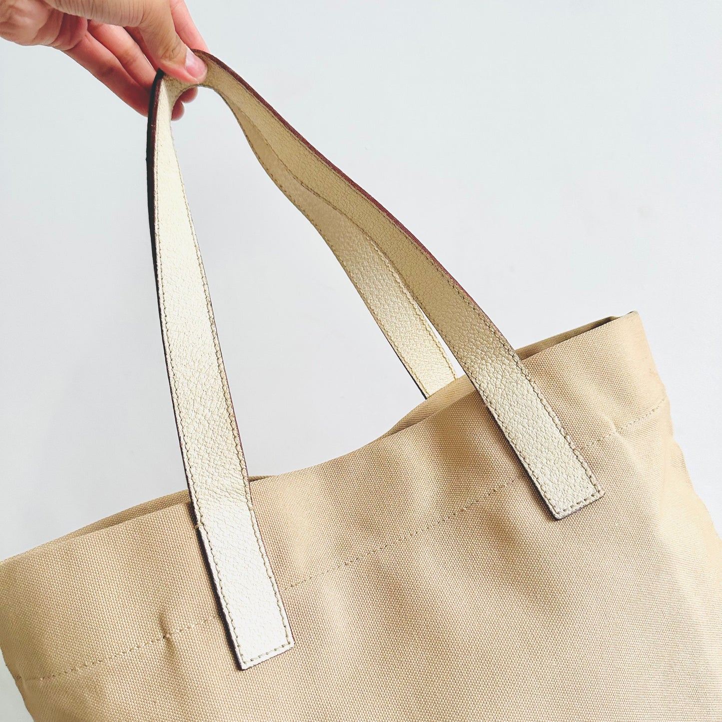Prada Cream Off White Beige Classic Logo Nylon & Leather Shopper Tote Bag