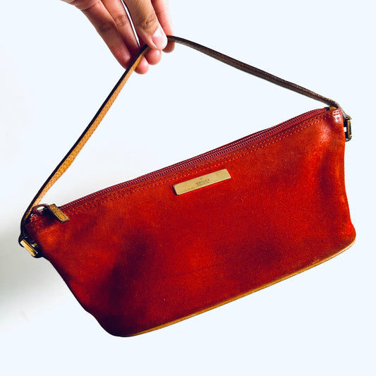 Gucci Red / Tan Suede Monogram Logo Mini Pochette Accessories Hobo Shoulder Bag