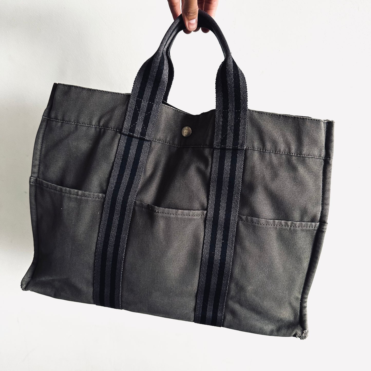 Hermes Dark Grey Herline Fourre Fool Toile MM Structured Shopper Tote Bag