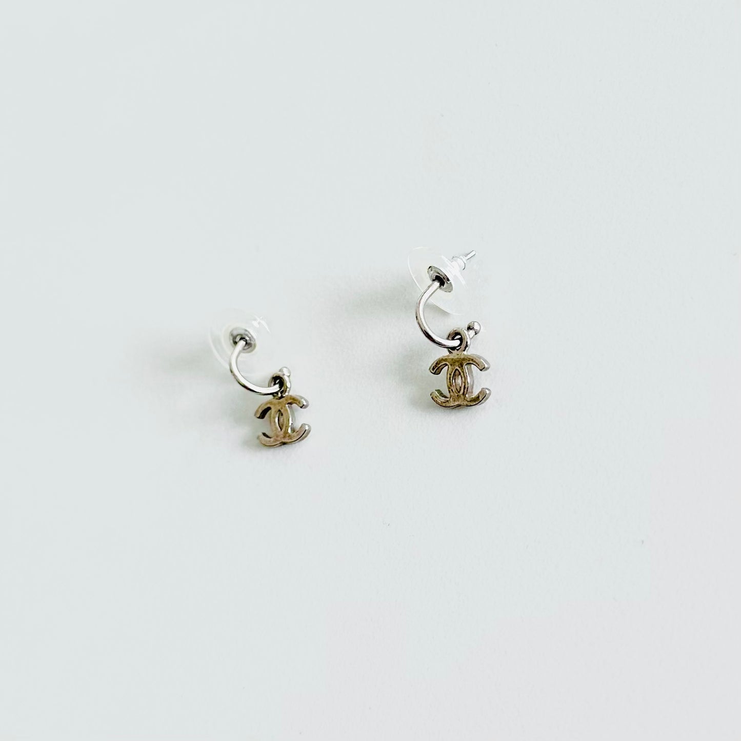 Chanel Classic CC Logo Silver Dangling Stud Vintage Earrings