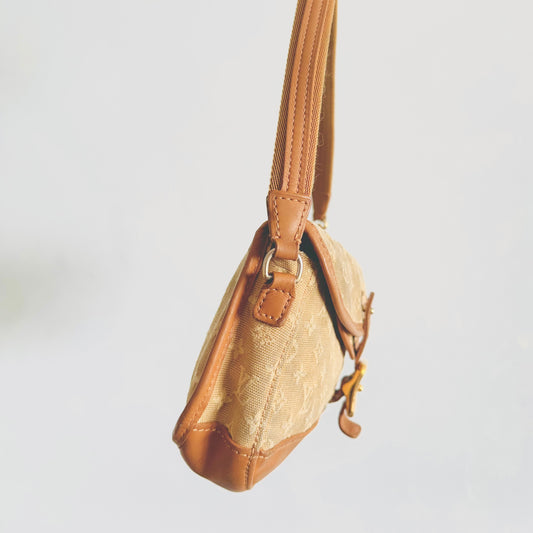 Louis Vuitton LV Mini Lin Marjorie Caramel Brown Beige GHW Monogram Logo Flap Baguette Hobo Shoulder Bag