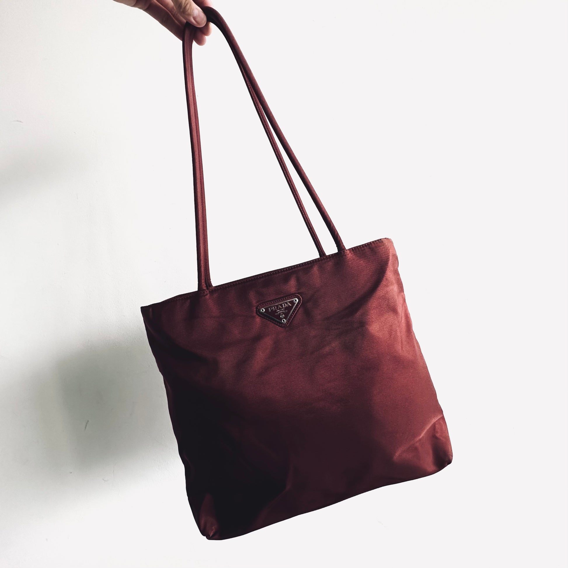 Prada Maroon Burgundy Red Classic Logo Nylon Shopper Zip Tote Bag – Valuxre