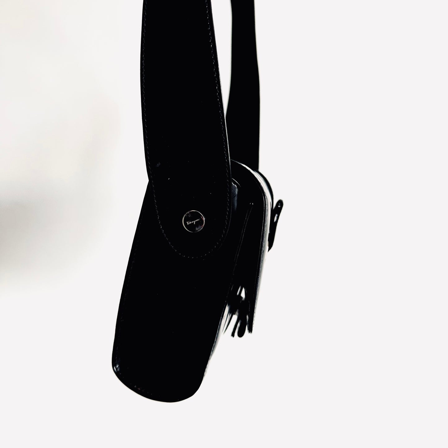 Salvatore Ferragamo Vara Black Bow Patent Leather Flap Hobo Shoulder Sling Bag